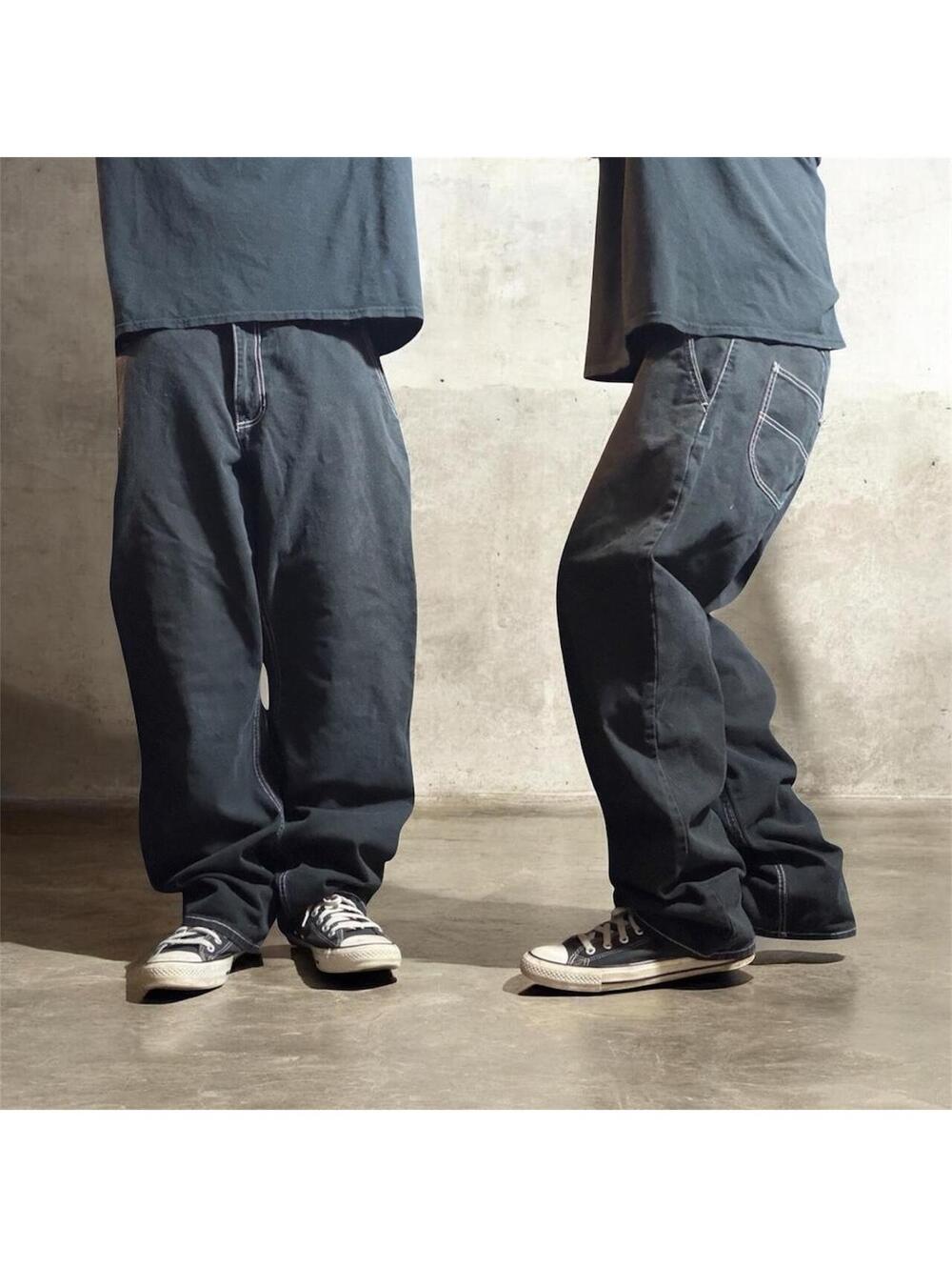Y2K Baggy Black Jeans with White Stitching fivestar